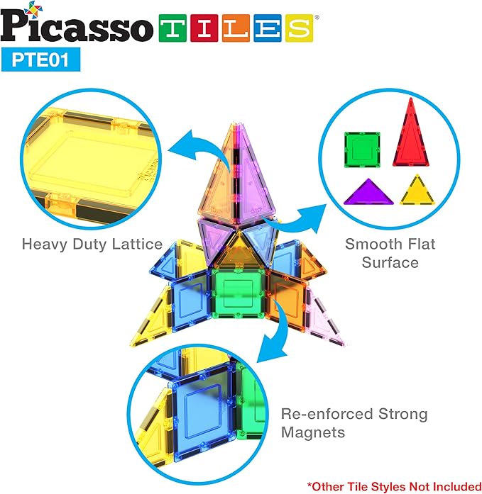 PicassoTiles Magnetic Building Block Set Equilateral Triangle Magnet Tiles Construction Toy STEM Learning Kit Educational Playboards Pretend Play Stacking Blocks Child Brain Development PTE01