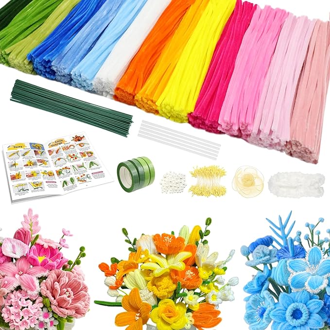 beanicus 700 PCS Pipe Cleaners Craft, Pipe Cleaners Flowers Kit with Handle, 14 Colors Chenille Stems with 18 Flowers Instruction, Art and Craft Supplies