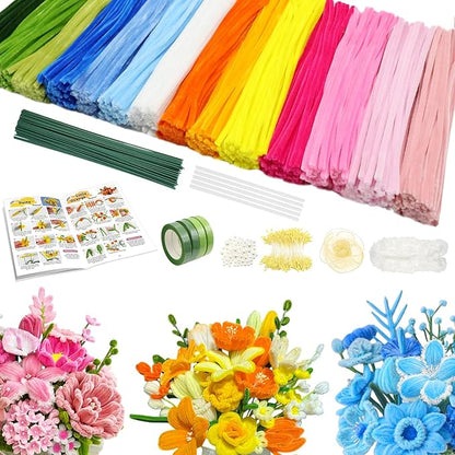 beanicus 700 PCS Pipe Cleaners Craft, Pipe Cleaners Flowers Kit with Handle, 14 Colors Chenille Stems with 18 Flowers Instruction, Art and Craft Supplies