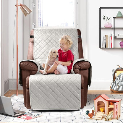 KinCam 100% Waterproof Recliner Chair Cover, Reclining Couch Covers for Pets, Dogs, Recliner Couch Slipcover Furniture Protector with Elastic Straps for Kids(30", Beige White)