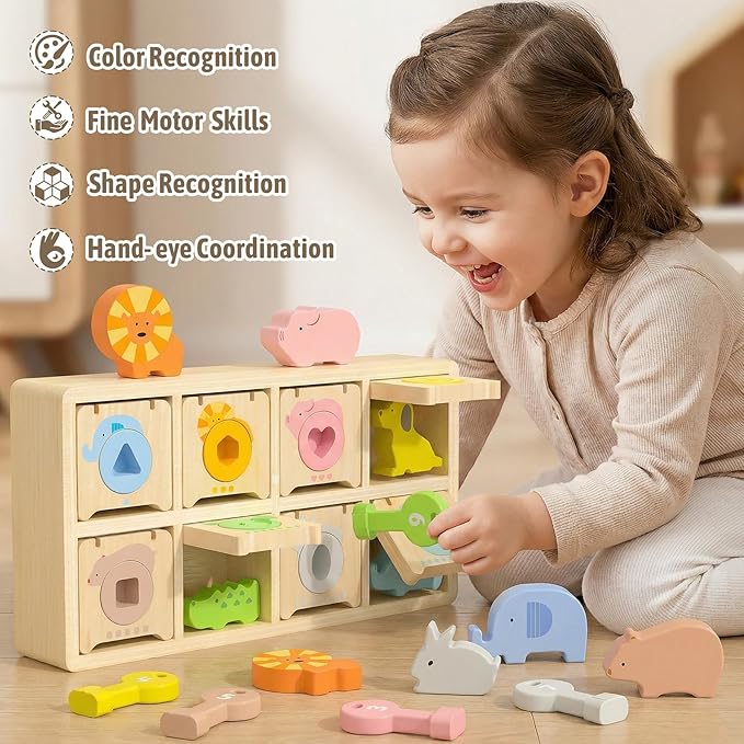Montessori Toys for 2 year Old,Wooden Keys and Locks Set With 8 Wooden Animals and Keys,Learning Fine Motor Skills Toys for Toddlers,Preschool Educational Sorting Toys for 1-3 Boys and Girls Gift