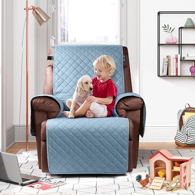 KinCam 100% Waterproof Recliner Chair Cover, Reclining Couch Covers for Pets, Dogs, Recliner Couch Slipcover Furniture Protector with Elastic Straps for Kids(28", Light Blue)