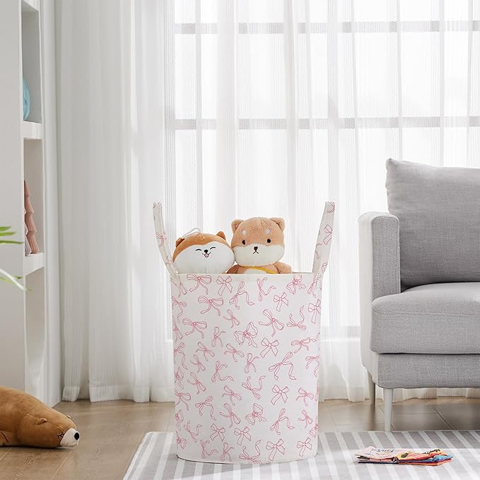 TECHMILLY Large Storage Basket for Girls and Boys, Collapsible Laundry Hamper with Long Handles, Toy Bins for Nursery, Kids Room Décor (Bowknot)