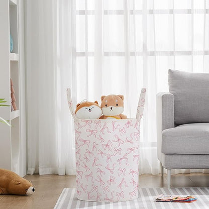 TECHMILLY Large Storage Basket for Girls and Boys, Collapsible Laundry Hamper with Long Handles, Toy Bins for Nursery, Kids Room Décor (Bowknot)