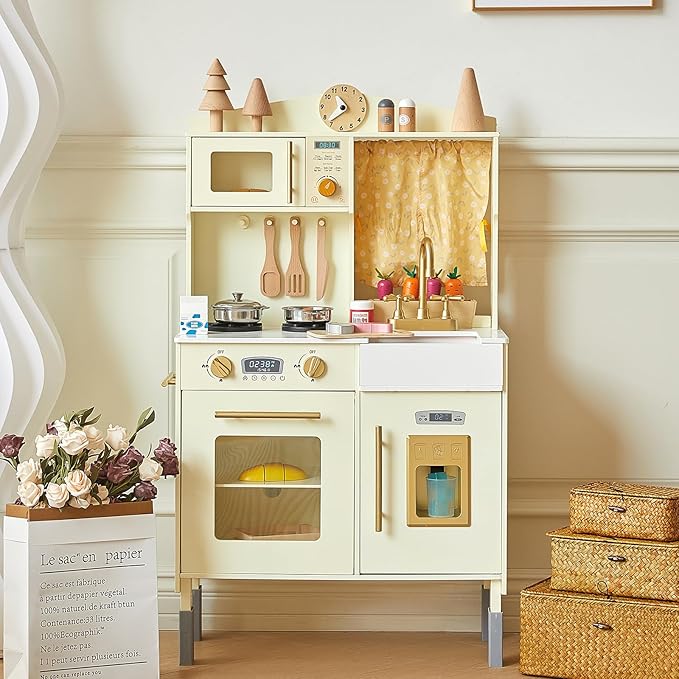 Giant bean Modern Style Play Kitchen Wooden Toy for Kids with Microwave Play Sink Ice Maker Oven Cookware Accessories Playset, Kitchen Set Pretend Play Food Toys for 3+ Year Old Toddler Boys Girls