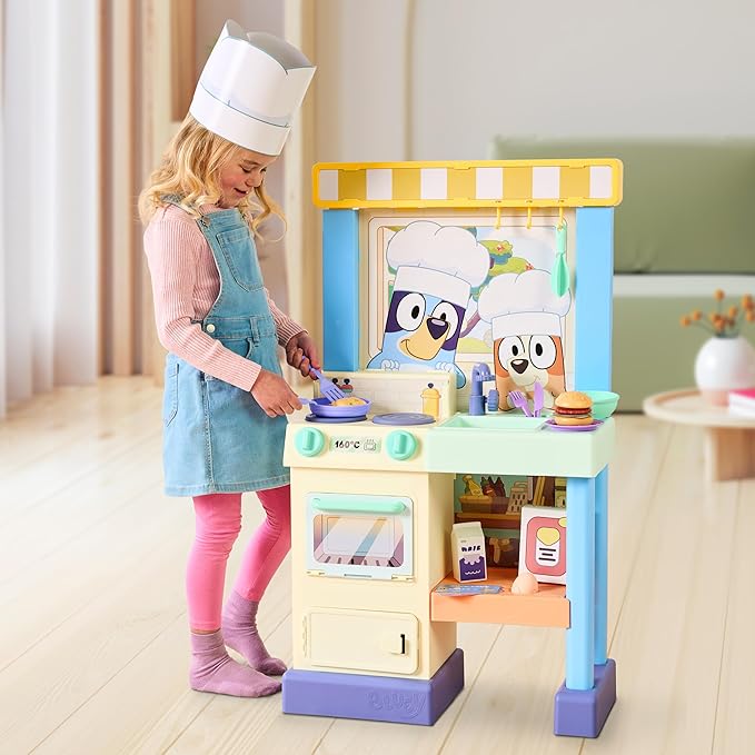 Bluey - Cook with Chef Kitchen Playset, with Over 20 Sounds, Phrases, Music and Lights, Plus 20 Play Pieces Included, Over 3 feet/ 90cm Tall, Includes A Chef Hat and Duck Cake
