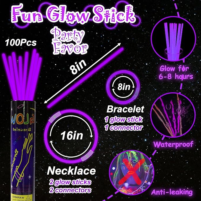 100 pk 8" Purple Glow Sticks Bulk Party Favors, Light up Glow Necklaces & Bracelets in the Dark Party Supplies For Christmas Halloween Mardi Gras Birthday Neon Party (100 * Purple)
