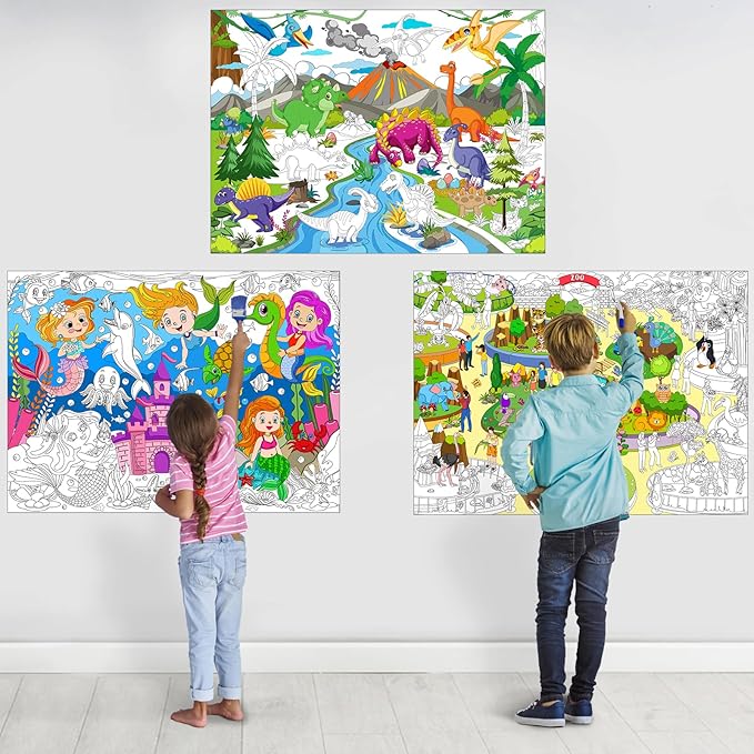 3Pack Large Coloring Poster for Kids, Giant Coloring Poster for Kids, Huge Big Coloring Page Craft with Dinasour, Mermaid, Zoo Animal for Class Home Activities Kids Gifts Party Favors(43.3 x 31.5in)
