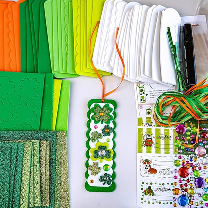 Winlyn 24 Sets St. Patrick's Day Decorations DIY 3D Shamrock Bookmark Craft Kits Blank Foam Bookmarks Lucky Shamrock Four Leaf Clover Stickers for Kids Reading Gifts Classroom Activities Art Projects