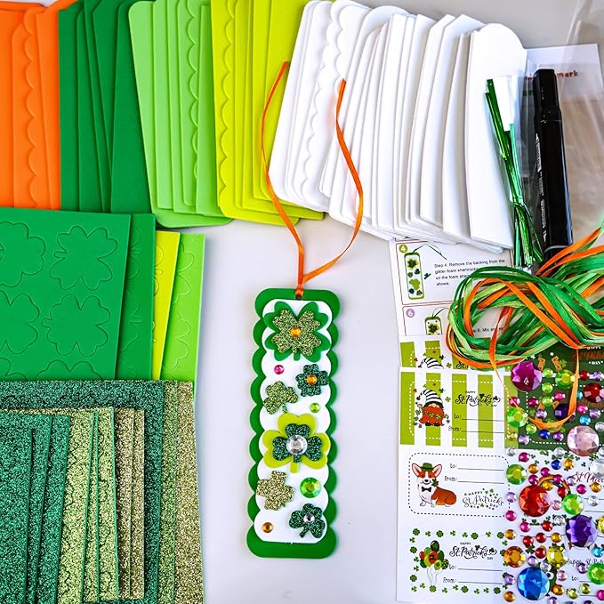 Winlyn 24 Sets St. Patrick's Day Decorations DIY 3D Shamrock Bookmark Craft Kits Blank Foam Bookmarks Lucky Shamrock Four Leaf Clover Stickers for Kids Reading Gifts Classroom Activities Art Projects