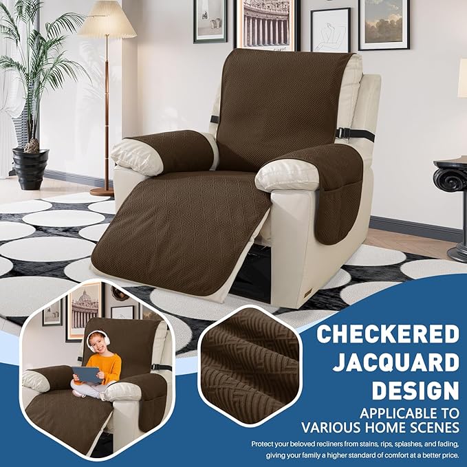Easehomey 100% Waterproof Recliner Chair Covers, Non-Slip Recliner Covers that Stay in Place with Two Pocket Elastic Band Washable Reclining Chair Cover Furniture Protector for Kids,Pets(Coffee,23.6")