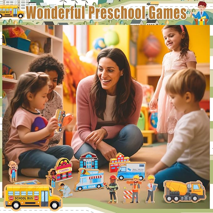 Blosssound 81 Pcs Wooden Community Helpers Toys Wooden Car Town Set Wood People Figures Multicultural Career Wood Blocks for Preschool Classroom Diversity Play Games Educational Activity Supplies
