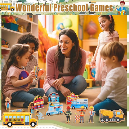 Blosssound 81 Pcs Wooden Community Helpers Toys Wooden Car Town Set Wood People Figures Multicultural Career Wood Blocks for Preschool Classroom Diversity Play Games Educational Activity Supplies