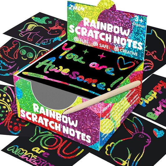 ZMLM Rainbow Scratch Art Paper Mini Note for Kids Gifts Ages 4-8 Bulk Craft Supplies for Teen Girls Boys Easter Basket Stuffers Birthday Classroom Party Games Toy Valentines Day Gift(Holographic