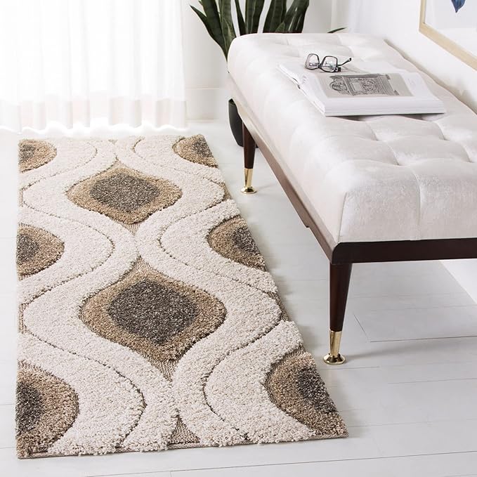 SAFAVIEH Florida Shag Collection Runner Rug - 2'3" x 21', Cream & Smoke, Modern Ogee Design, Non-Shedding & Easy Care, 1.2-inch Thick Ideal for High Traffic Areas in Living Room, Bedroom (SG461-1179)