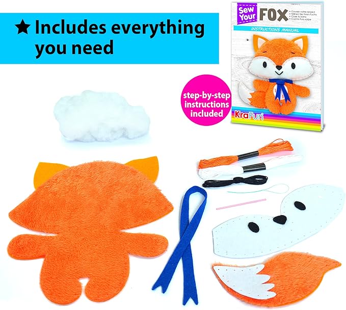 KRAFUN Fox Animal Sewing Kit for Kids Beginner My First Art & Craft, Includes Fox Doll Stuffed Animal, Instructions & Plush Felt Materials for Learn to Sew, Embroidery, Age 7 8 9 10 11 12