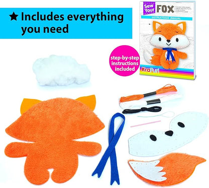 KRAFUN Fox Animal Sewing Kit for Kids Beginner My First Art & Craft, Includes Fox Doll Stuffed Animal, Instructions & Plush Felt Materials for Learn to Sew, Embroidery, Age 7 8 9 10 11 12