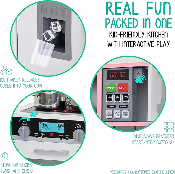 Lil' Jumbl Kids Pink Small Kitchen Set, Pretend Wooden Play Kitchen, Includes Range Hood, Microwave, Stove Top, Oven That Make Realistic Sound & Light, Pots, Pan, Cutting Board & Utensils Included