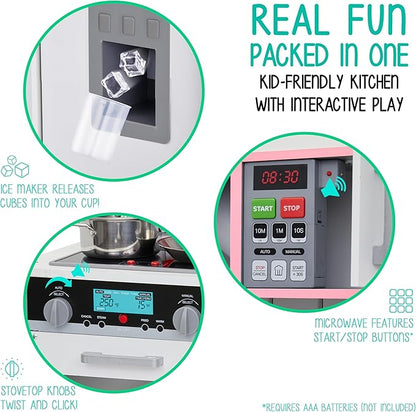 Lil' Jumbl Kids Pink Small Kitchen Set, Pretend Wooden Play Kitchen, Includes Range Hood, Microwave, Stove Top, Oven That Make Realistic Sound & Light, Pots, Pan, Cutting Board & Utensils Included