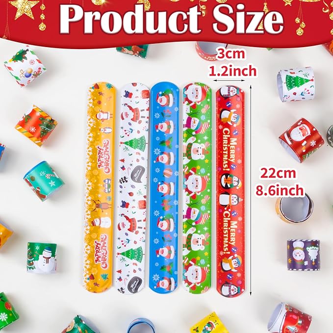 Christmas Slap Bracelet for Kids - 48 Pieces, 24 Colorful Styles - Bulk Christmas Slap Wristbands for Kids Party Favors, Toys Prizes & Goodie Bags Fillers