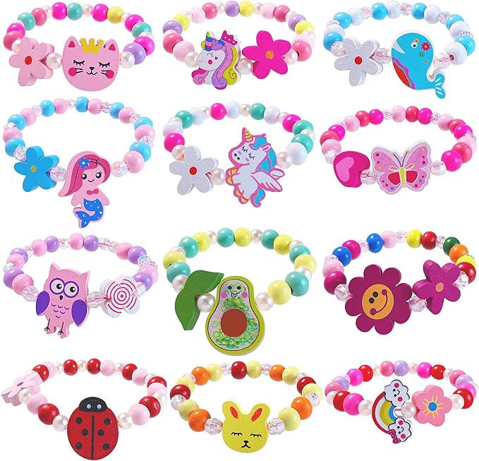 12 PCS Girls Bracelet for Kids Unicorn Mermaid Wooden Beaded Bracelets Birthday Party Favors Goodies Bag Stuffers Fillers Cute Pinata Stuffers Rainbow Butterfly Heart Jewelry Gifts