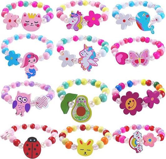 12 PCS Girls Bracelet for Kids Unicorn Mermaid Wooden Beaded Bracelets Birthday Party Favors Goodies Bag Stuffers Fillers Cute Pinata Stuffers Rainbow Butterfly Heart Jewelry Gifts