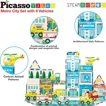 PicassoTiles Magnetic Building Blocks Metro City Town Hospital Theme Toddler Magnet Toys Tiles Play Set with 8 Vehicle Train Truck Character Action Figures STEAM Learning Educational For Ages 3+ PTQ14
