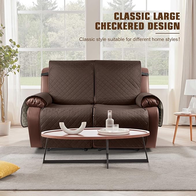 KinCam Waterproof Loveseat Recliner Cover, Non-Slip Reclining Couch Covers for 2 Seat, Recliner Sofa Cover Furniture Protector with Elastic Straps for Kids, Pets, Deep Brown