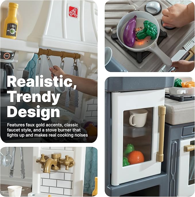 Step2 Gilded Gourmet Kids Kitchen Playset, Indoor/Outdoor Kitchenette, Interactive Play with Lights and Sounds, Made of Durable Plastic, Includes 20 Piece Toy Accessories, for Toddlers 2+ Years Old