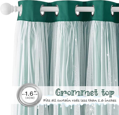 NICETOWN Double Layer Curtains - Hunter Green Curtains 84 inches Long with Sheer Overlay Nursery Panels for Bedroom/Living/Dining Room, Baby Kids, 52 W by 84 L, 2 Pieces