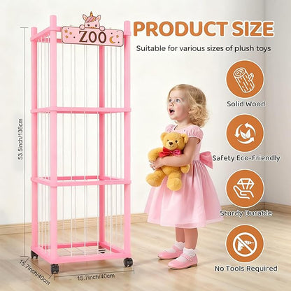 Stuffed Animal Storage Zoo Tower,56In Wooden Large Stuffed Animal Holder Organizer with Wheels,Stuffy Plushies Storage with Elastic Band&Mesh Bottom,Toy Organizers for Playroom Nursery（Pink）