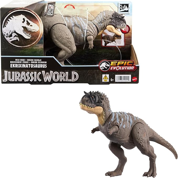 Mattel Jurassic World Wild Roar Dinosaur Toy with Sound & Attack Move, Ekrixinatosaurus Posable Action Figure Includes Digital Play, 11 inches Long