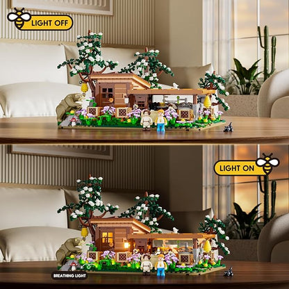 FUNWHOLE Bee-Farm Lighting Building-Bricks Set - Farm Bee Cottage Honey Workshop Collection LED Light Building Set 1274 Pcs for Adults and Teen