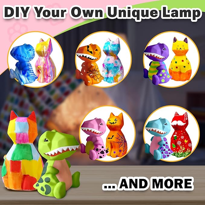 FUNZBO 2Pcs Paint Your Own Dinosaur & Cat Lamp Kit - Arts and Crafts for Kids Teens Adults, Art Supplies Painting Kits for Kids, Toys for Girls Boys Halloween Birthday Gift Ages 3+