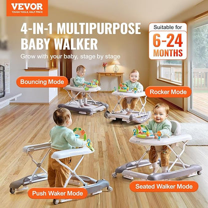 VEVOR 4-in-1 Baby Walker, Foldable Baby Activity Center with Wheels, 3 Adjustable Height, Music & Toys Tray, Learning-Seated | Walk-Behind | Rocker | Bouncer Toddler Walker for Boys Girls 6-24 Months
