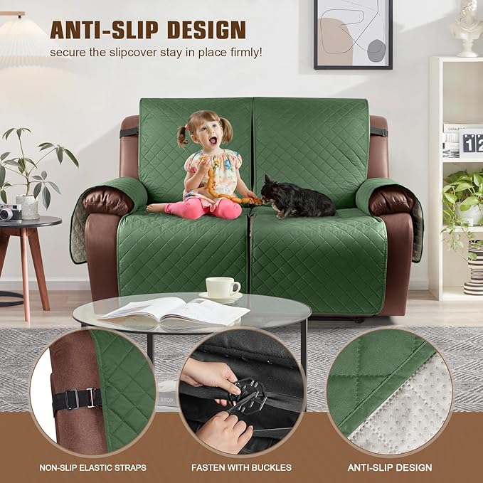 KinCam Waterproof Loveseat Recliner Cover, Non-Slip Reclining Couch Covers for 2 Seat, Recliner Sofa Cover Furniture Protector with Elastic Straps for Kids, Pets, Vine Green