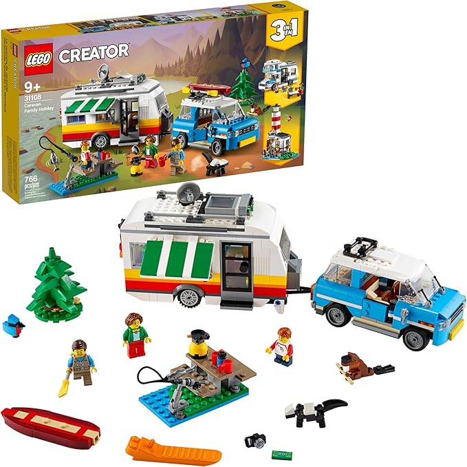 LEGO Creator 3in1 Caravan Family Holiday 31108 Vacation Toy Building Kit for Kids Who Love Creative Play and Camping Adventure Playsets with Cute Animal Figures (766 Pieces)