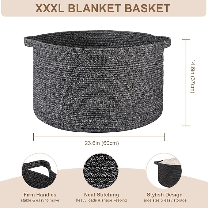 OIASKET Large Woven Baskets for Storage, 23.6" x 23.6" x 14.6" Blanket Storage Living Room, Baby Toy Basket for Clothes, Pillows, Towels, Shoe Basket for Entryway (Black)