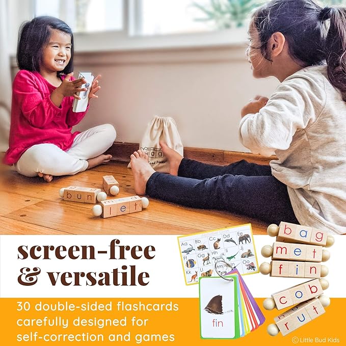 LITTLE BUD KIDS Spin-and-Read Montessori Phonetic Reading Blocks with CVC Phonics Flashcards for Beginner Readers, Montessori Reading Wooden Toys for 3 Years +