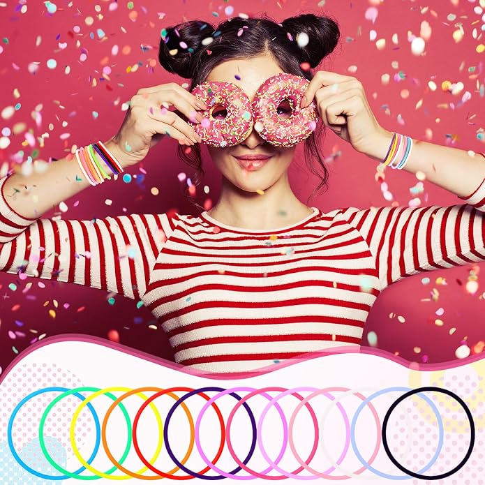Nuenen 1000 Pcs Silicone Jelly Bracelets 80's Gummy Rubber Bracelets Multicolor Non Luminous Wristbands Bulk Rainbow Neon Bracelet Silicone Hair Tie for Party Favors Halloween