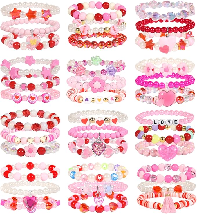 PinkSheep Class Valentine Bracelets Bulk: 36Pcs Valentine's Day Gift for Little Girls, Heart Valentines Day Bracelets Bulk for Kid, Valentines Day Jewelry Girl