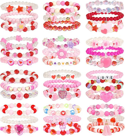 PinkSheep Class Valentine Bracelets Bulk: 36Pcs Valentine's Day Gift for Little Girls, Heart Valentines Day Bracelets Bulk for Kid, Valentines Day Jewelry Girl