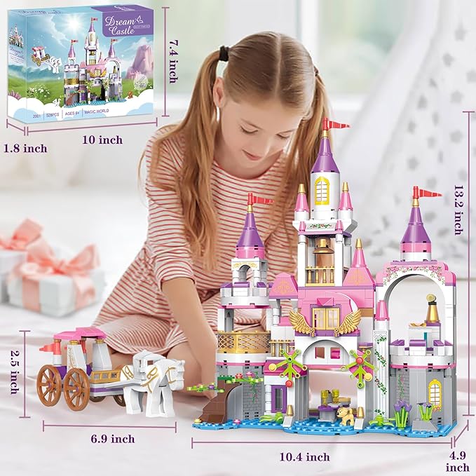 BRICK STORY Dream Girls Princess Castle with Carriage Building Blocks 516 Pieces Pink Castle Toys for Girls 6-12 Years Old Palace Creative STEM Building Toys Gift for Kids Birthday Christmas