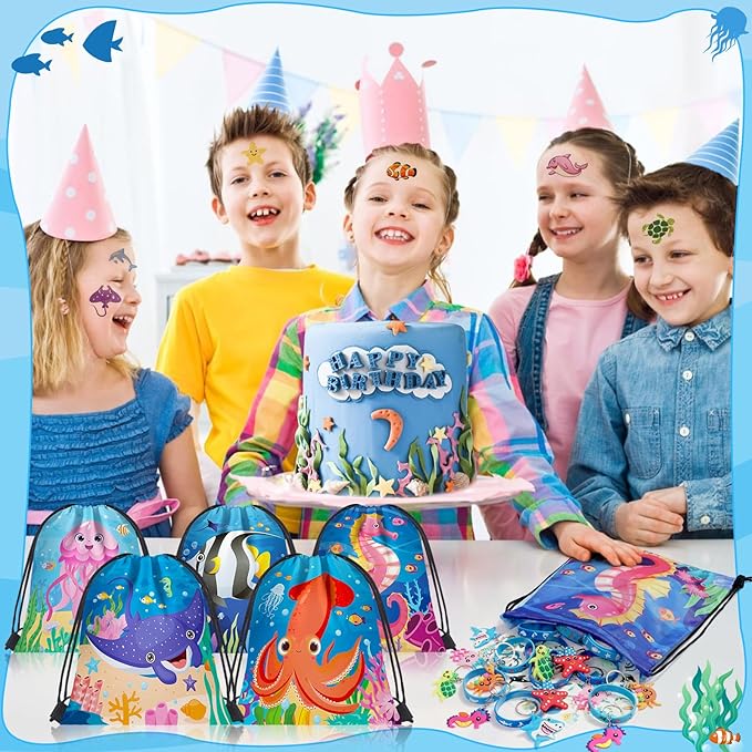 12Sets Under the Sea Party Favors Birthday Supplies, Sea Animal Drawstring Bags Silicone Bracelets Keychains Tattoo Stickers Pinata Filler Goodie Bag Stuffers, Ocean Themed Party Favors Supplies