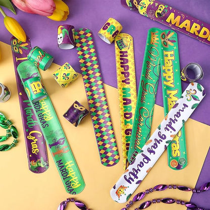 JUNEBRUSHS 56Pcs Mardi Gras Slap Bracelets, Mardi Gras Bracelets Bulk Carnival Wristbands for Kids Aldults Mardi Gras Party Favors Accessories Gifts Mardi Gras Throws for Bag Stuffers Fillers