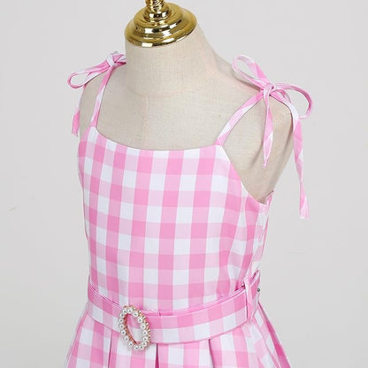 Girls Pink Plaid Costume Strap - Kid Dress Movie Cosplay Outfits Halloween Gingham Birthday Costumes