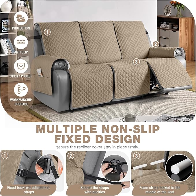 TAOCOCO Waterproof Recliner Couch Covers Sofa Slipcover for 3 Cushion Couch, Pet Sofa Cover for 3 Seat Recliner, Washable Reclining Sofa Cover Furniture Protector with Straps(3 Seater, Camel)