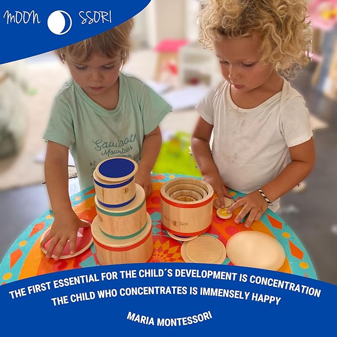 Montessori Wooden Stacking Boxes with Lids – Educational Toy for Toddlers – Fine Motor Skills & Sensory Development – Natural Wood Design – Cylindrical Stacking Set