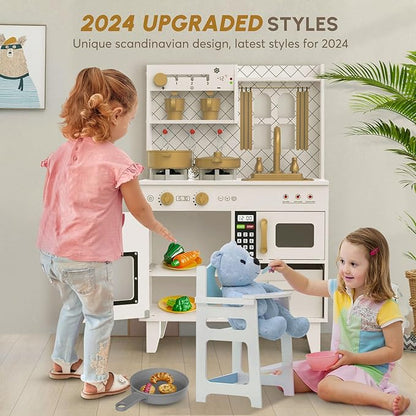 BIERUM Play Kitchen with Realistic Lights & Sounds, Wooden Kitchen Playset Chef Pretend Play Set for Toddlers, Toy Kitchen with 26 Pcs Toy Food & Cookware Accessories, Gift for Ages 3+