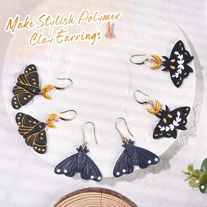 Puocaon Celeste Moth Clay Cutters - 4 Shapes Polymer Clay Cutters for Earrings, Moth Moon Shape Clay Cutters for Polymer Clay Jewelry Making, Mystical Moth Clay Cutter Supplies Clay Earring Cutters